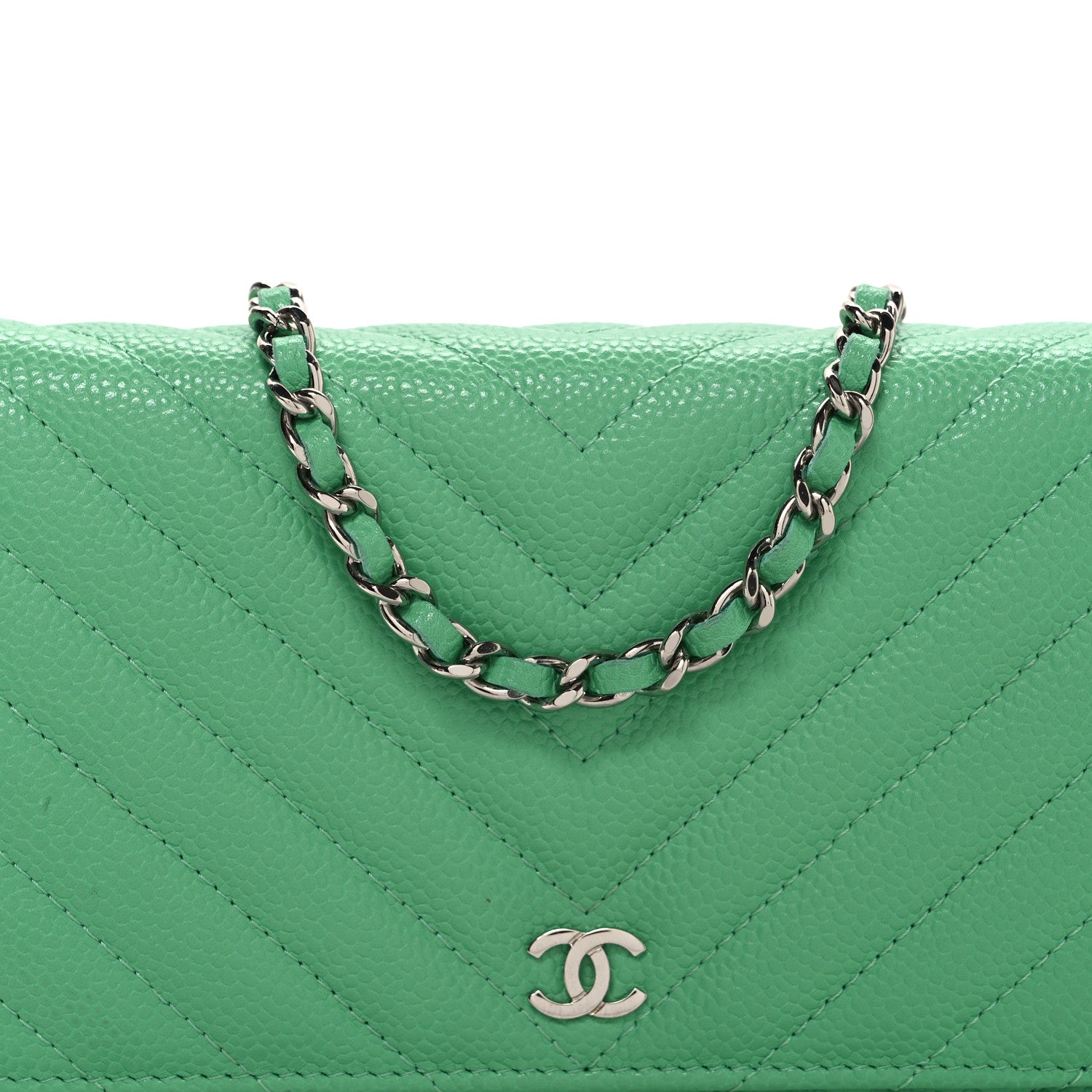 Chanel Caviar Chevron Quilted Wallet On Chain WOC Green 9 of 12