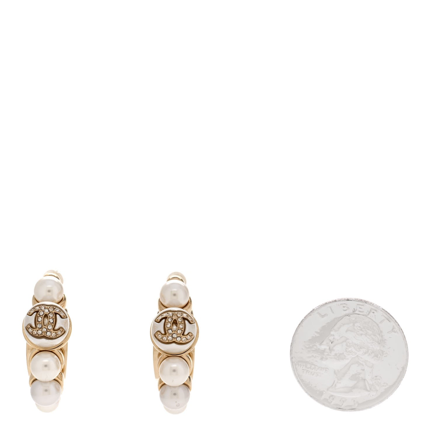 Chanel Pearl Crystal CC Hoop Earrings Gold 2 of 5