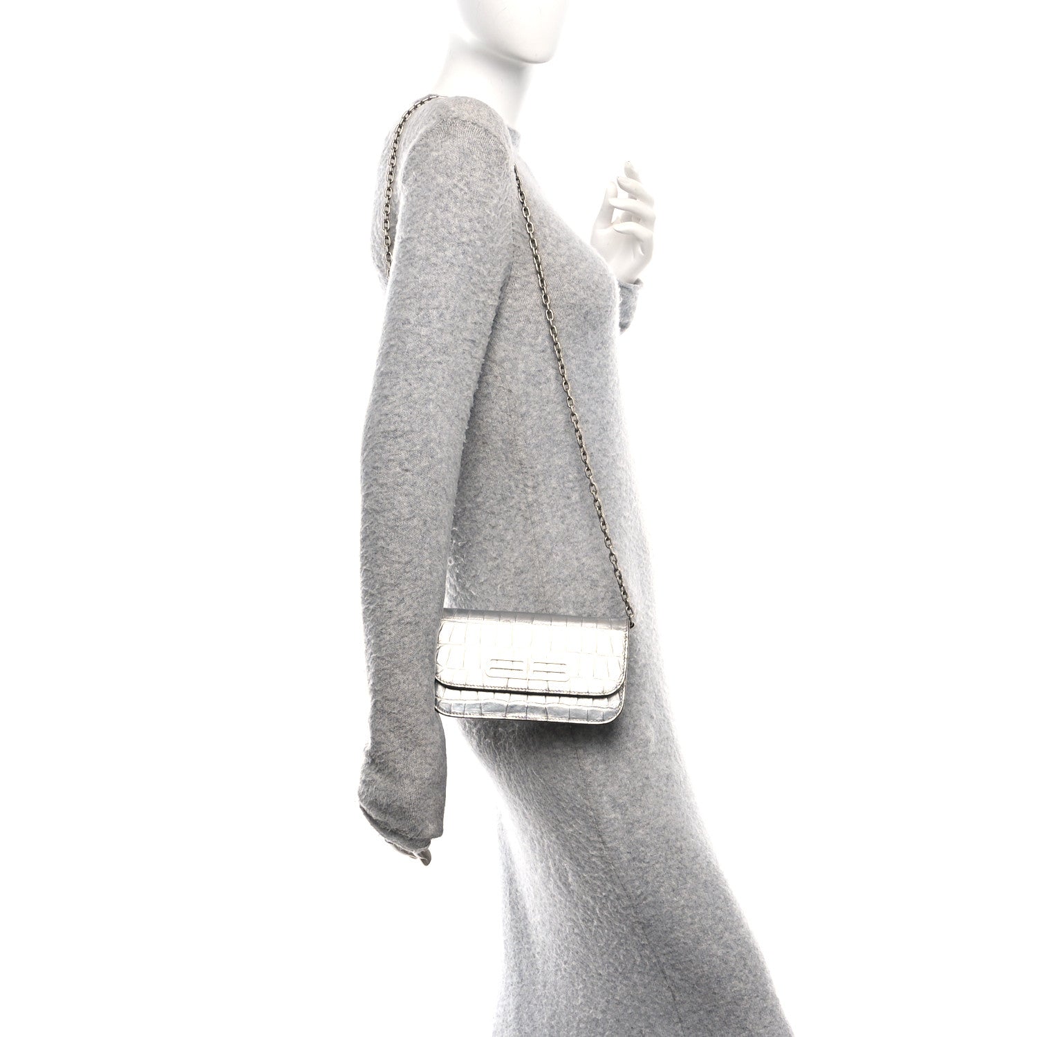 Balenciaga Metallic Extra Supple Calfskin Crocodile Embossed Gossip Wallet On Chain Silver 2 of 10