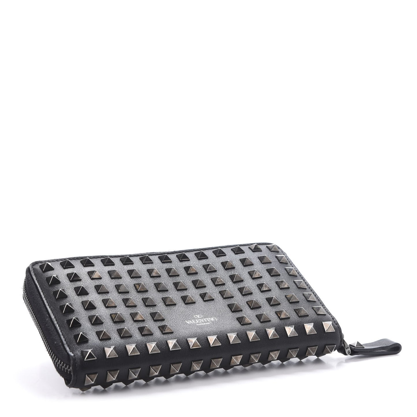 Calfskin Rockstud All Over Zip Around Wallet Black