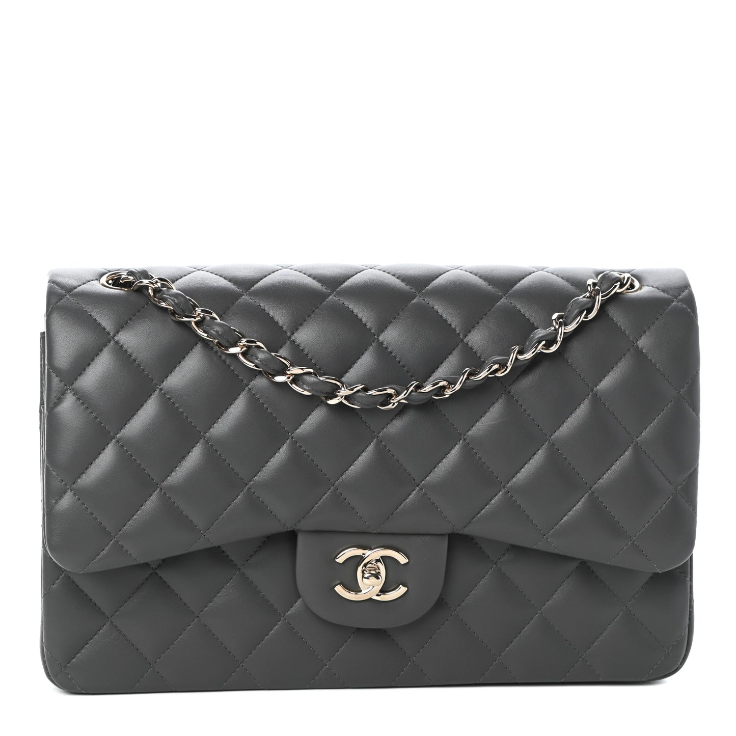 Lambskin Quilted Jumbo Double Flap Grey
