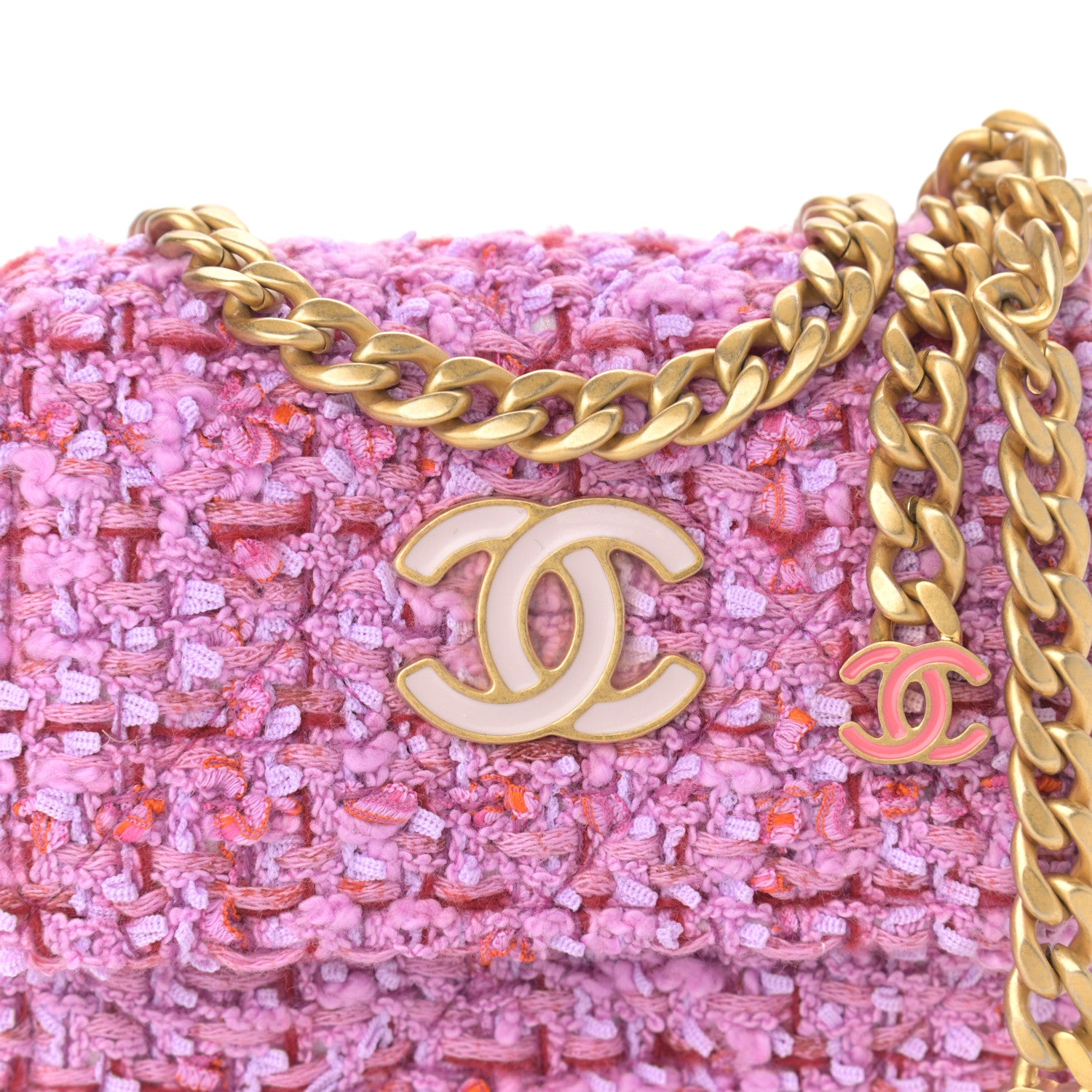 Chanel Tweed Enamel Quilted Pending CC Card Holder On Chain Light Purple Pink Red 9 of 12