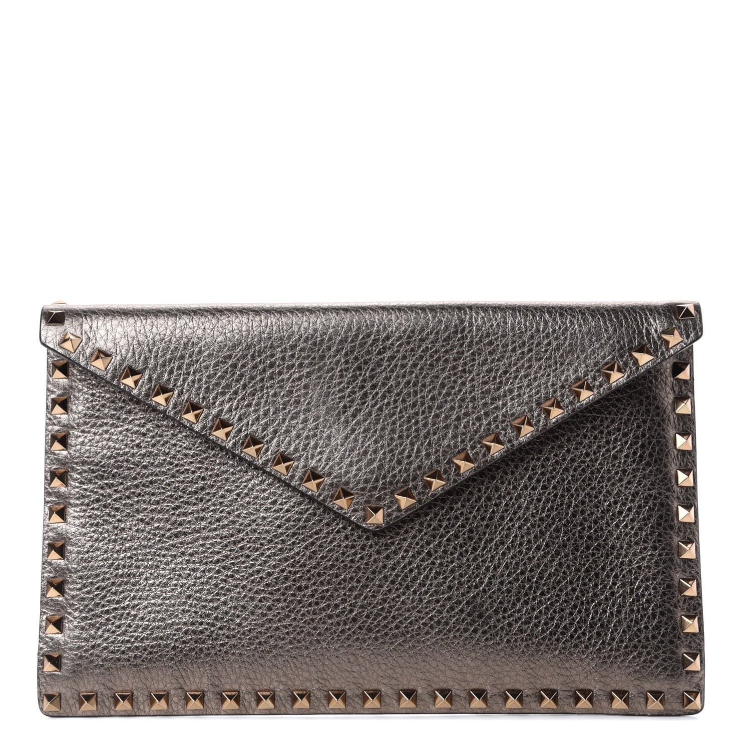Valentino Garavani Metallic Pebbled Calfskin Large Rockstud Envelope Clutch Sasso 1 of 7