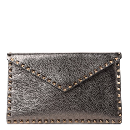 Valentino Garavani Metallic Pebbled Calfskin Large Rockstud Envelope Clutch Sasso 1 of 7