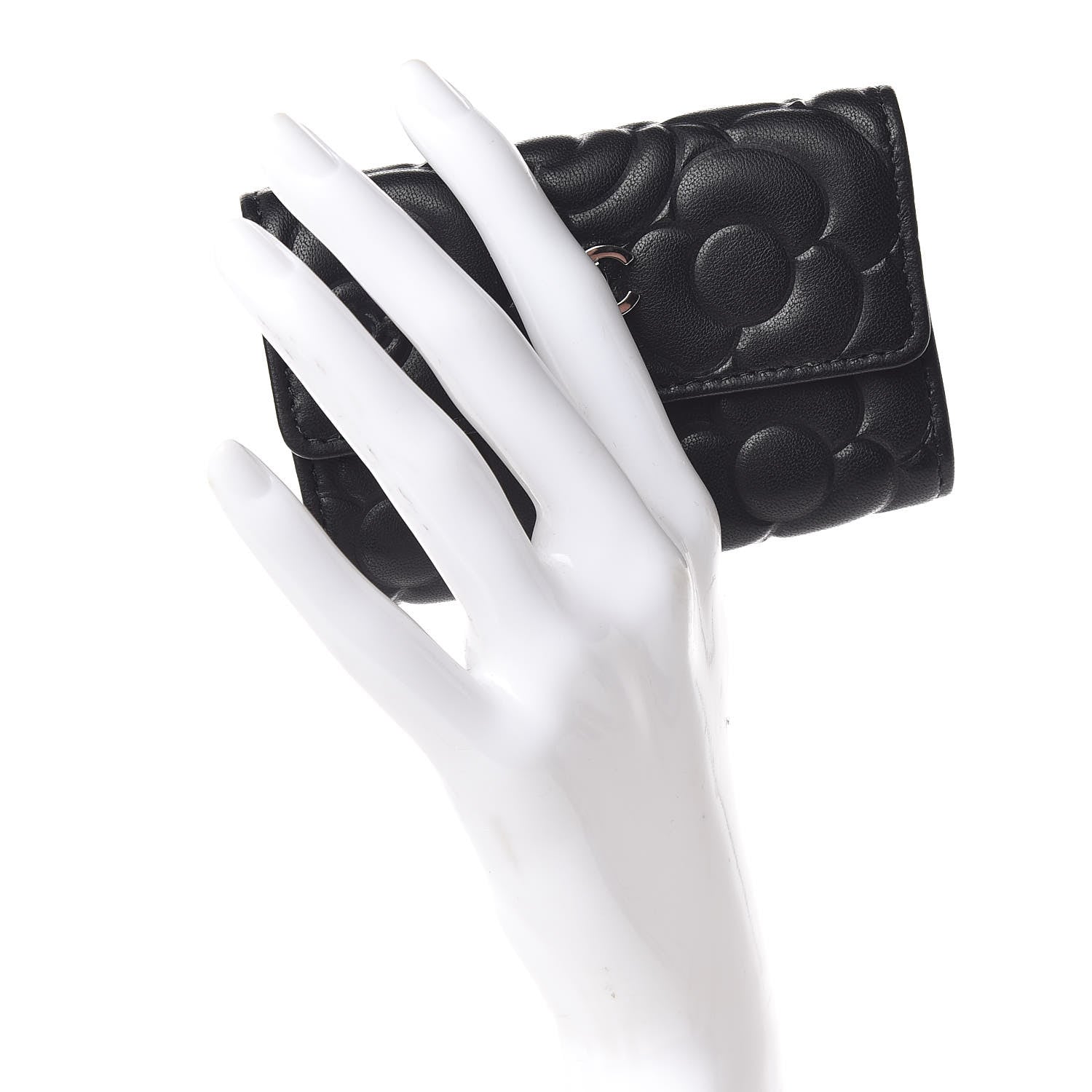 Chanel Goatskin Camellia Embossed 4 Key Holder Black 2 of 9