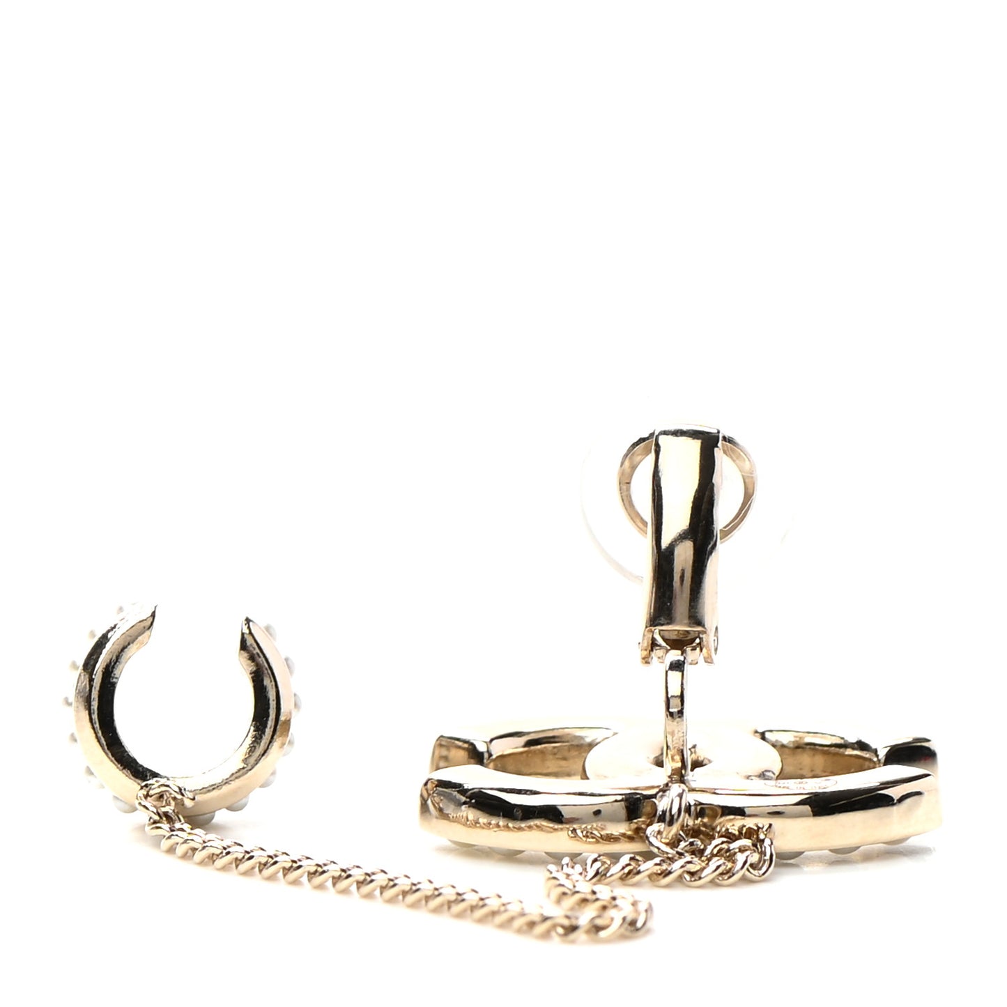 Crystal CC Chain Cuff Single Clip On Earring Gold Pearly White
