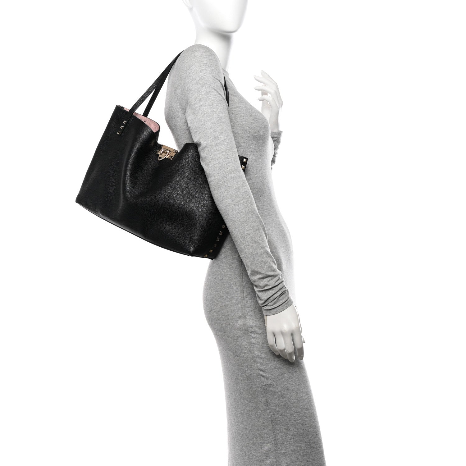 Valentino Garavani Grainy Calfskin Medium Rockstud Tote Black Rose Quartz 2 of 9