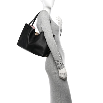 Valentino Garavani Grainy Calfskin Medium Rockstud Tote Black Rose Quartz 2 of 9