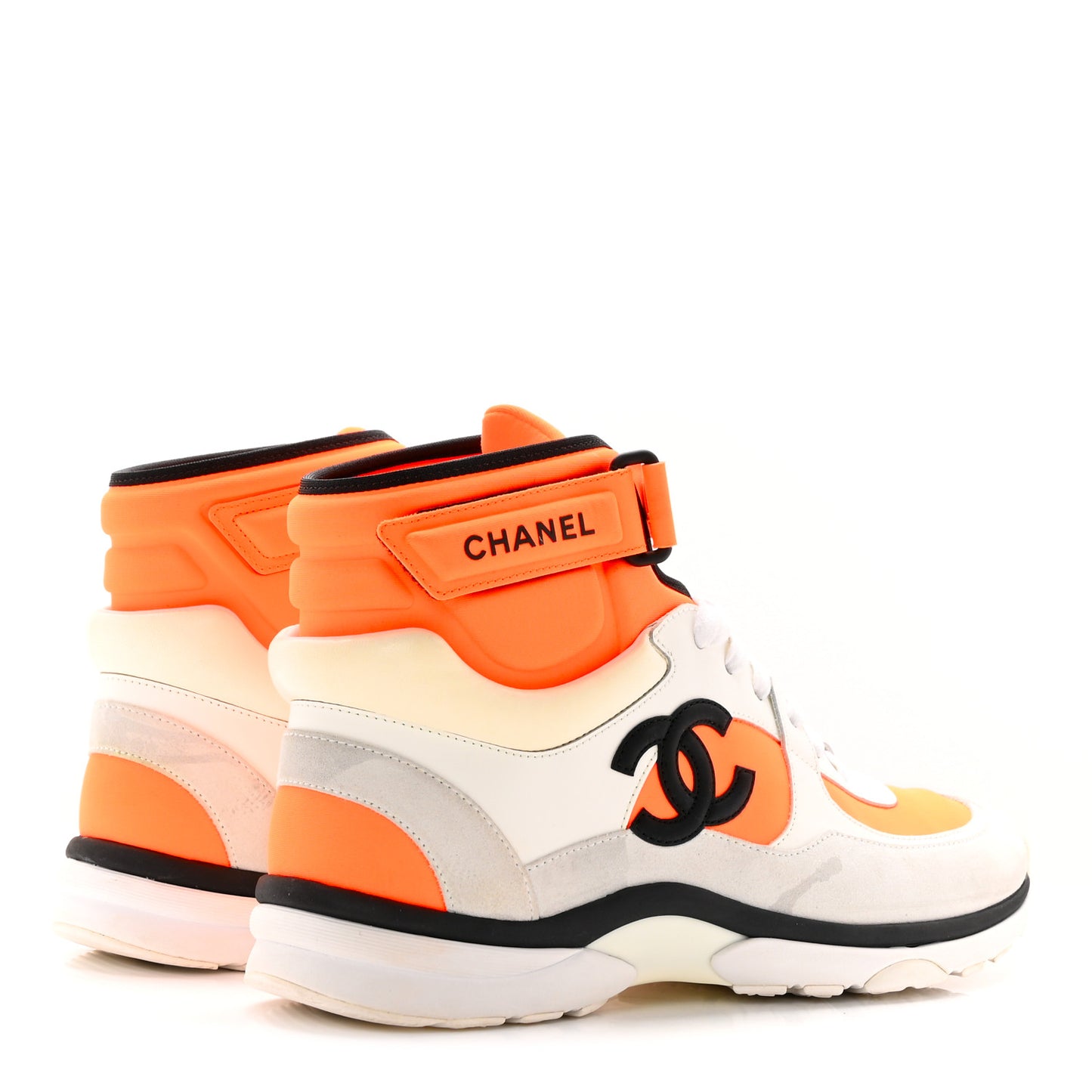 Suede Calfskin Lambskin Neoprene High Top CC Sneakers 39.5 White Fluo Orange