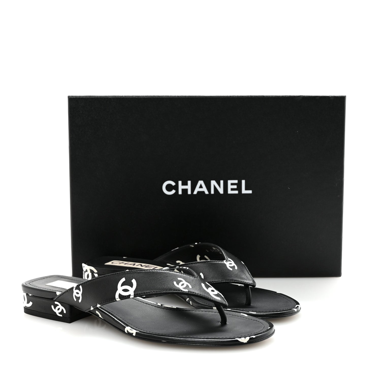 Lambskin Printed CC Thong Sandals 38.5 Black White