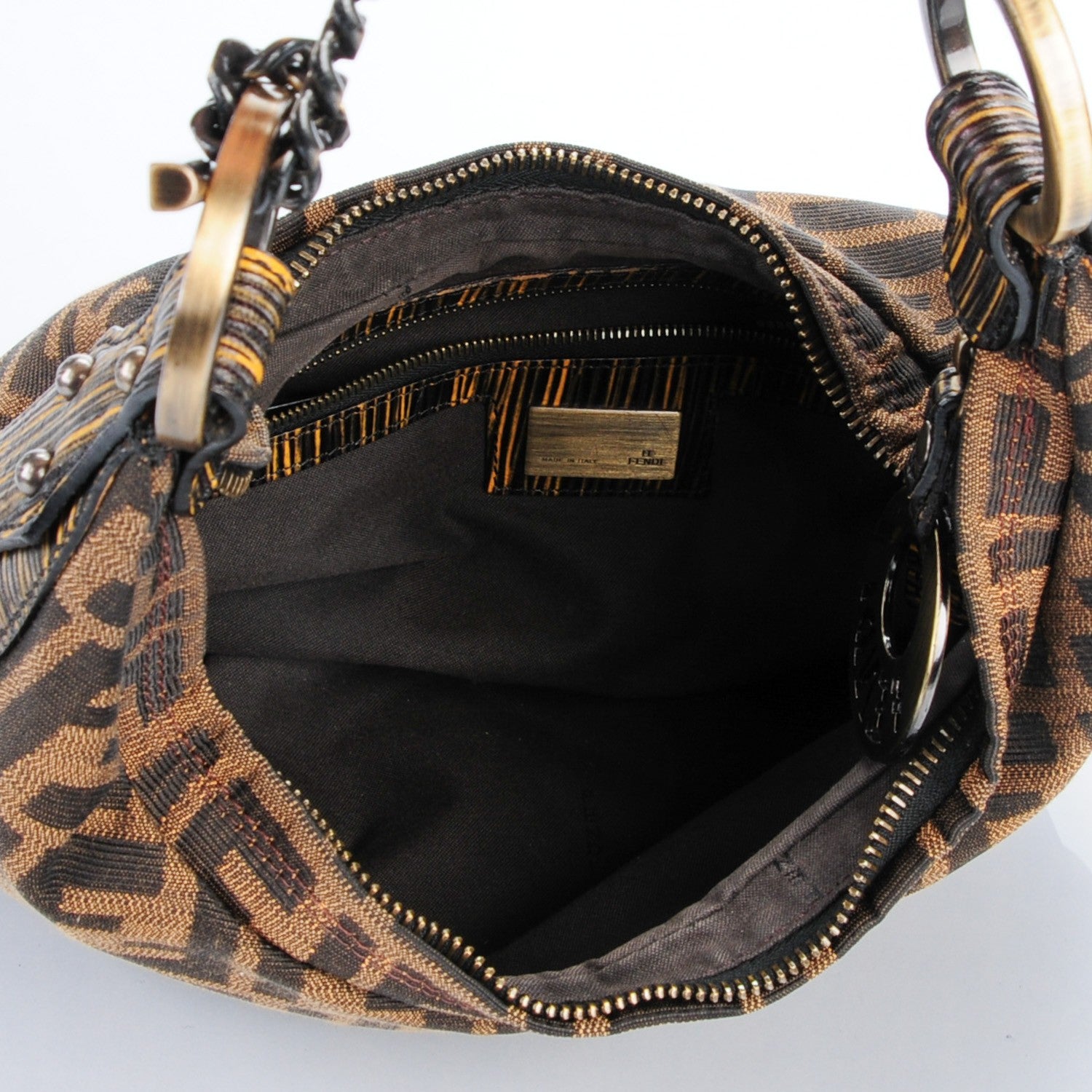 Fendi Zucca Vitello Elite Small Chef Chain Hobo Tobacco Moro Giallo 4 of 7