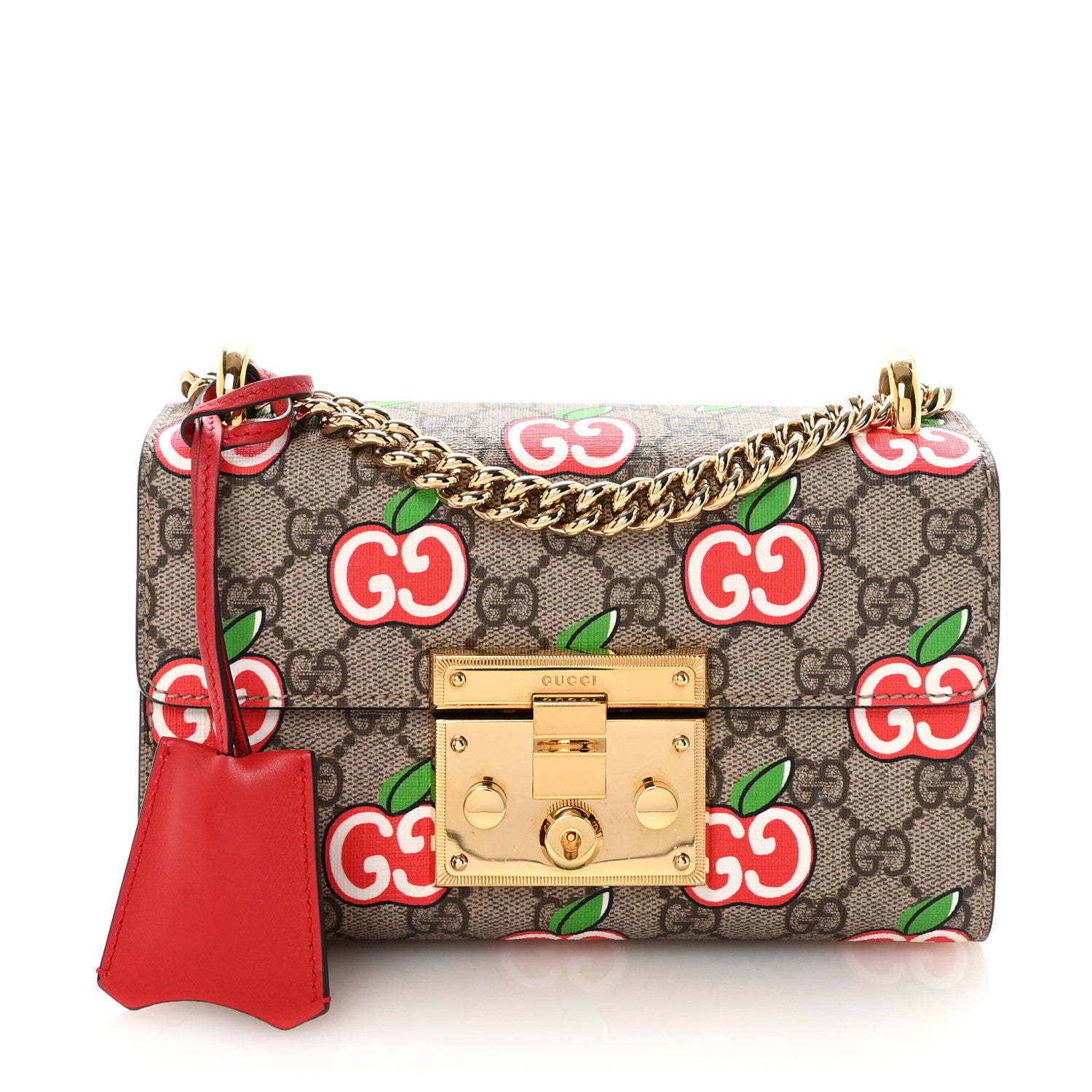 Gucci GG Supreme Monogram Apple Small Padlock Shoulder Bag Beige Multicolor Lobster Red 1 of 10