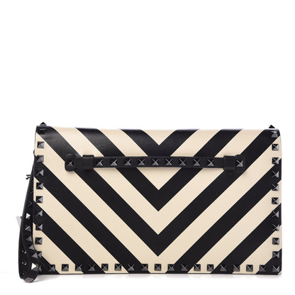 Valentino Garavani Nappa Chevron Striped Rockstud Wristlet Clutch Light Ivory Black 1 of 6