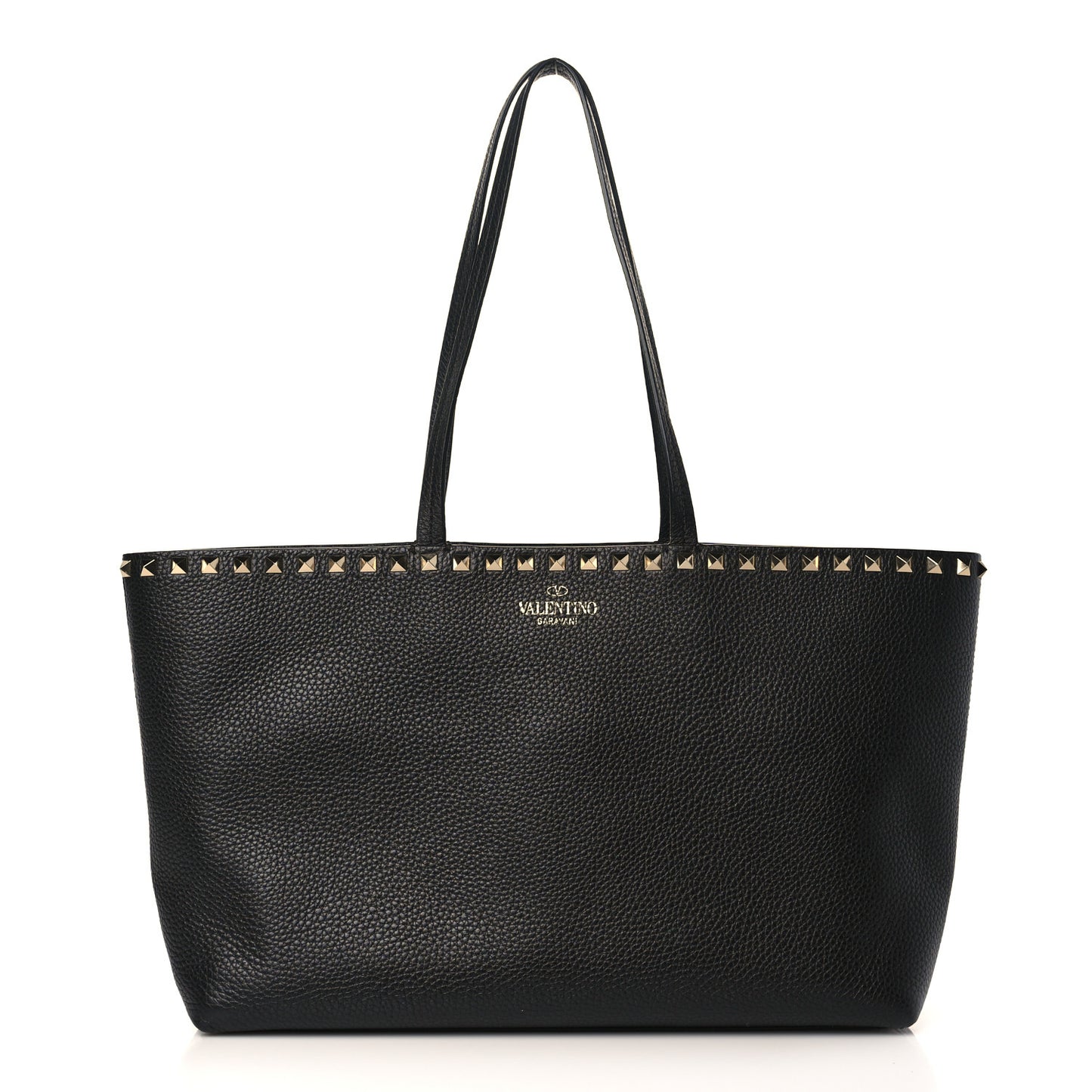 Grained Calfskin Small Rockstud Shoulder Tote Black