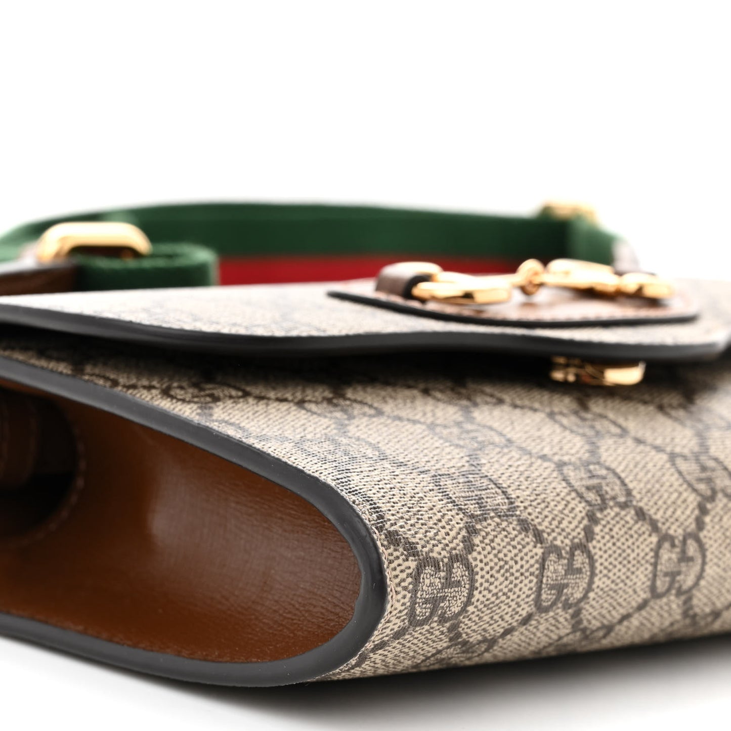 GG Supreme Monogram Azalea Calfskin Web Mini Horsebit 1955 Chain Shoulder Bag Beige Ebony Brown Sugar