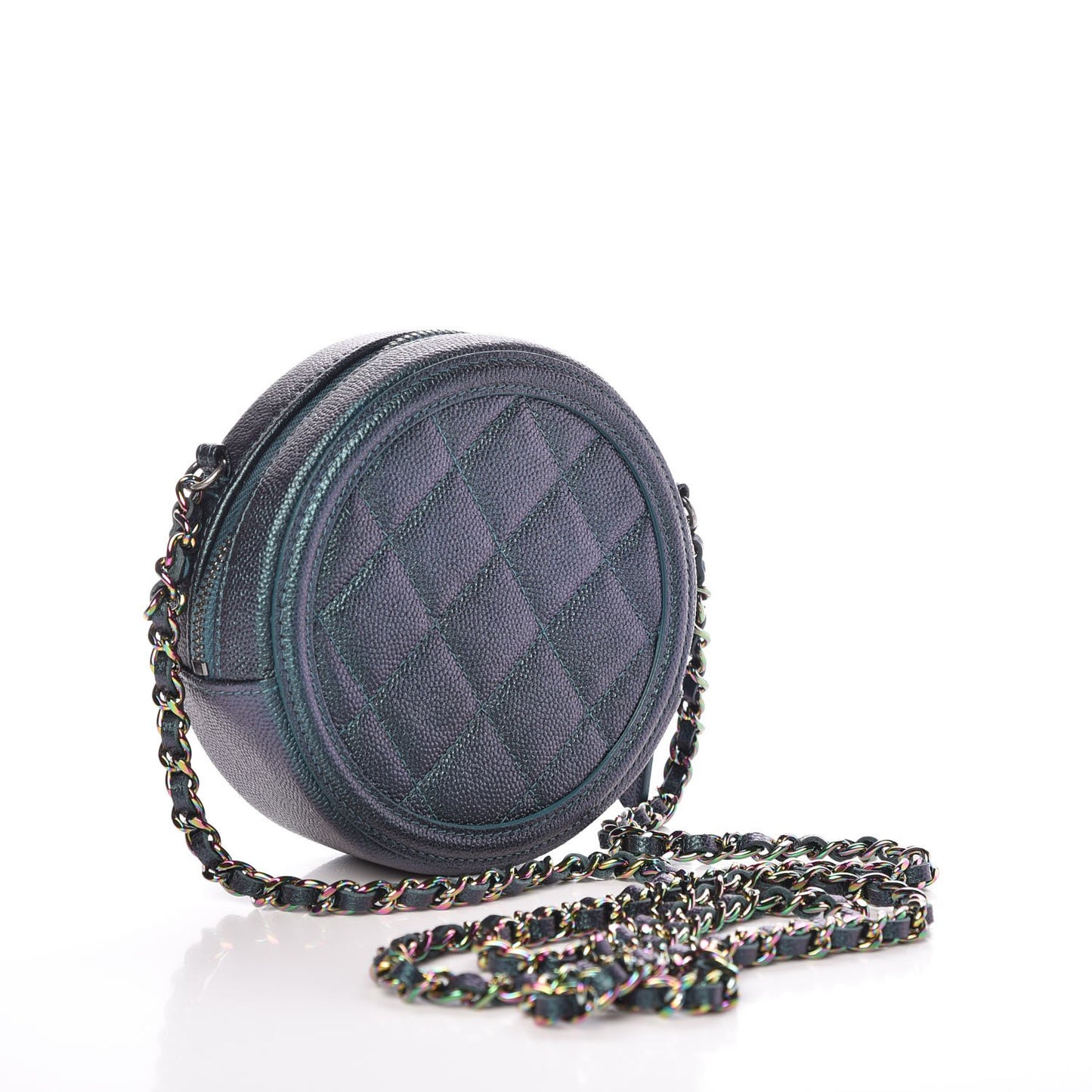Iridescent Caviar Quilted Round Filigree Crossbody Dark Turquoise