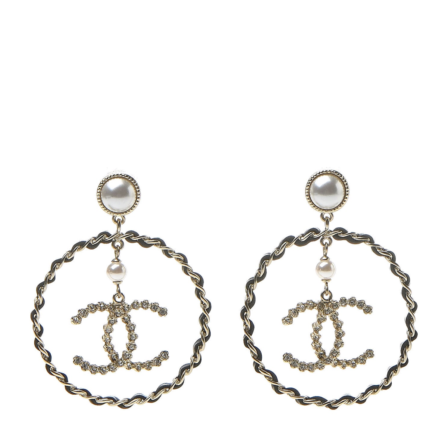 Lambskin Crystal Pearl CC Chain Hoop Earrings Gold Black