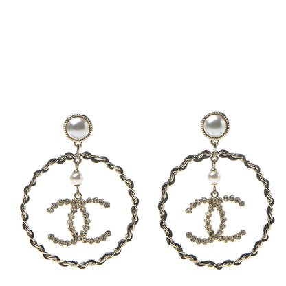 Chanel Lambskin Crystal Pearl CC Chain Hoop Earrings Gold Black 1 of 5