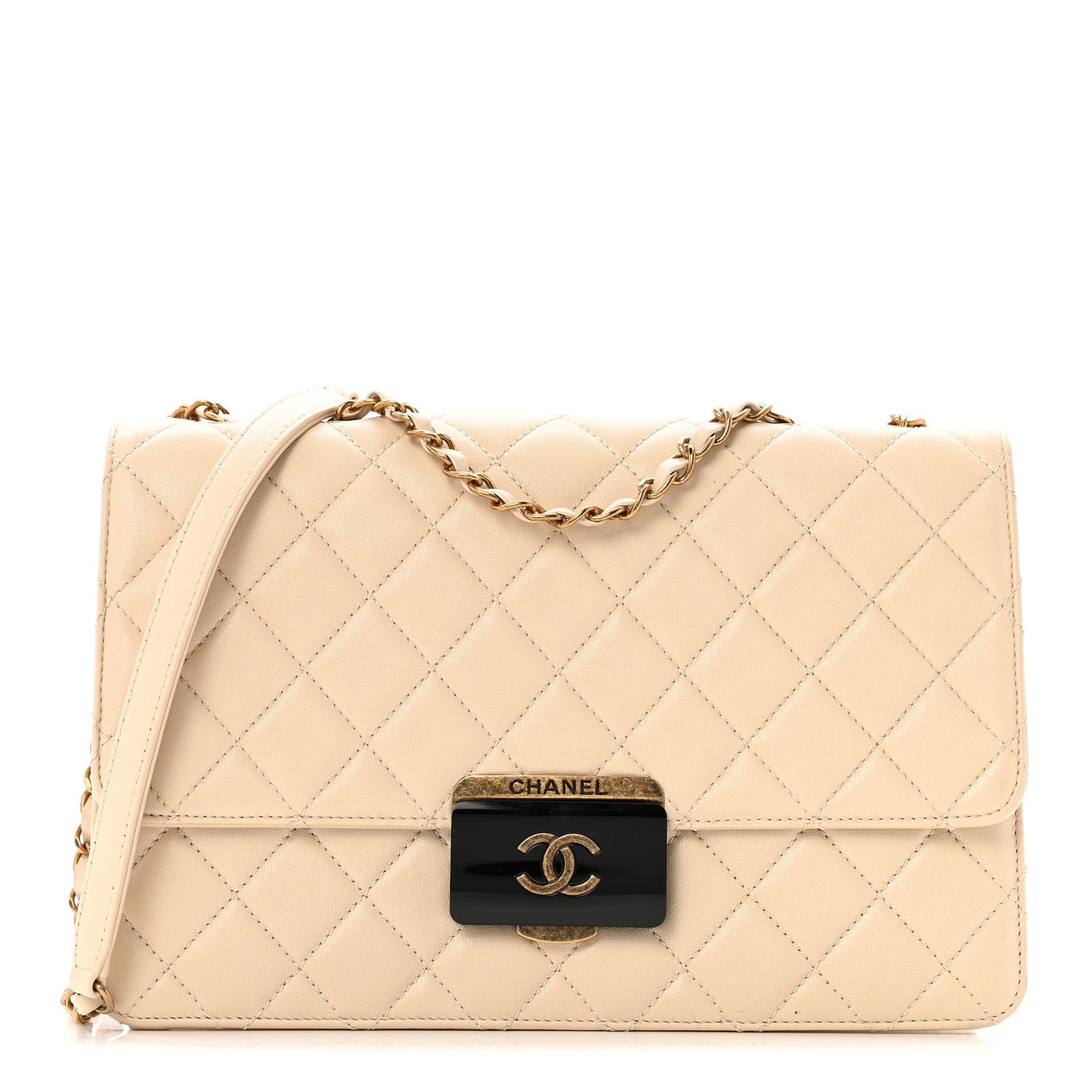 Sheepskin Quilted Large Beauty Lock Flap Beige