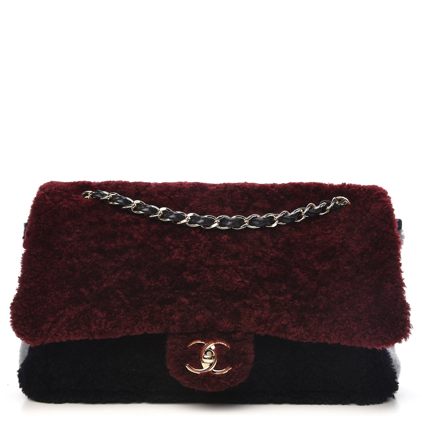 Shearling Sheepskin Quilted Tri-Color Flap Burgundy Black Grey