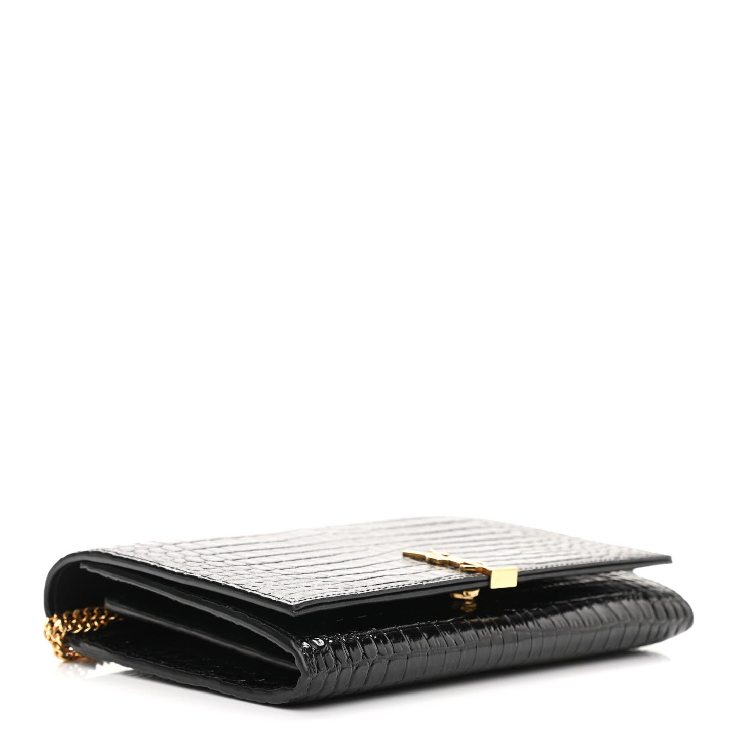 Calfskin Crocodile Embossed Monogram Chain Wallet Black