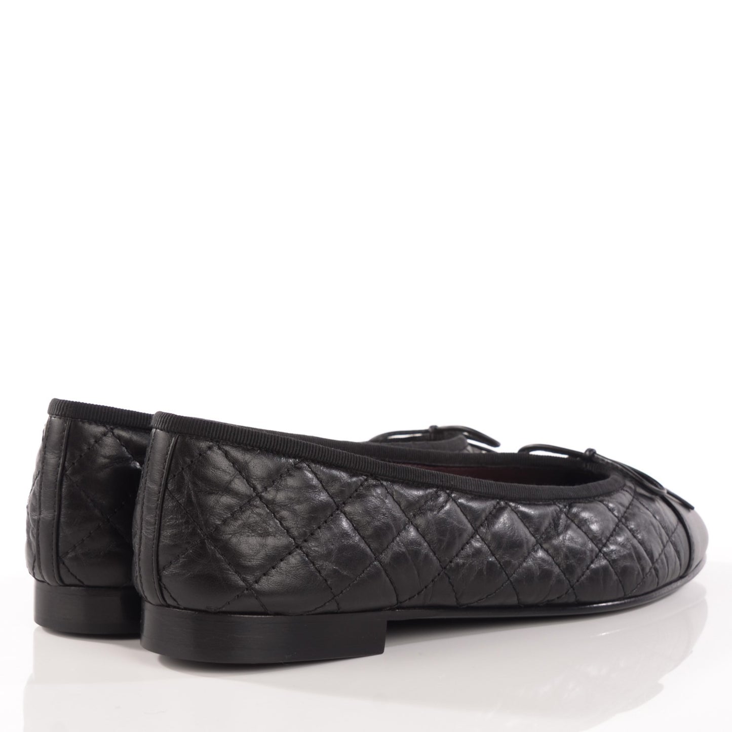 Aged Calfskin Quilted Cap Toe Ballerina Flats 40 Black