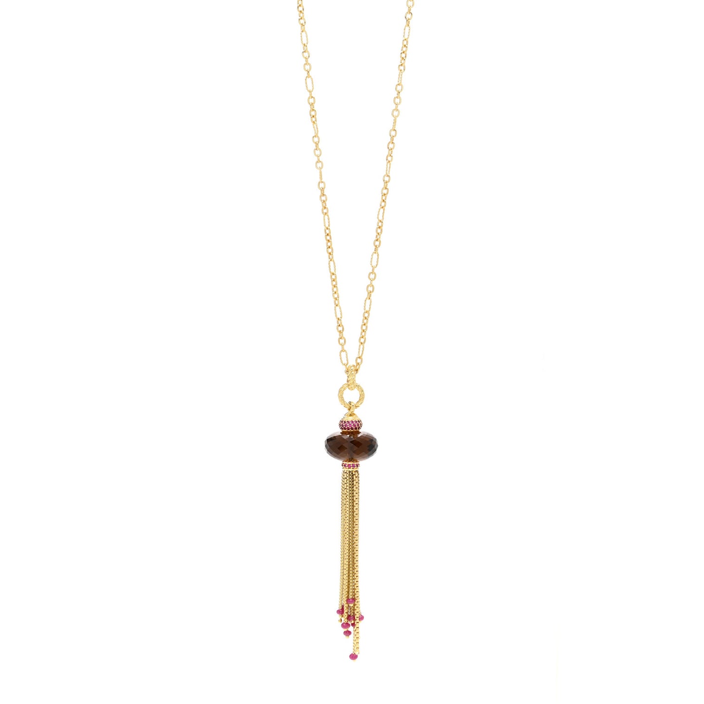 18K Yellow Gold Smoky Quartz Ruby Tassel Pendant Necklace