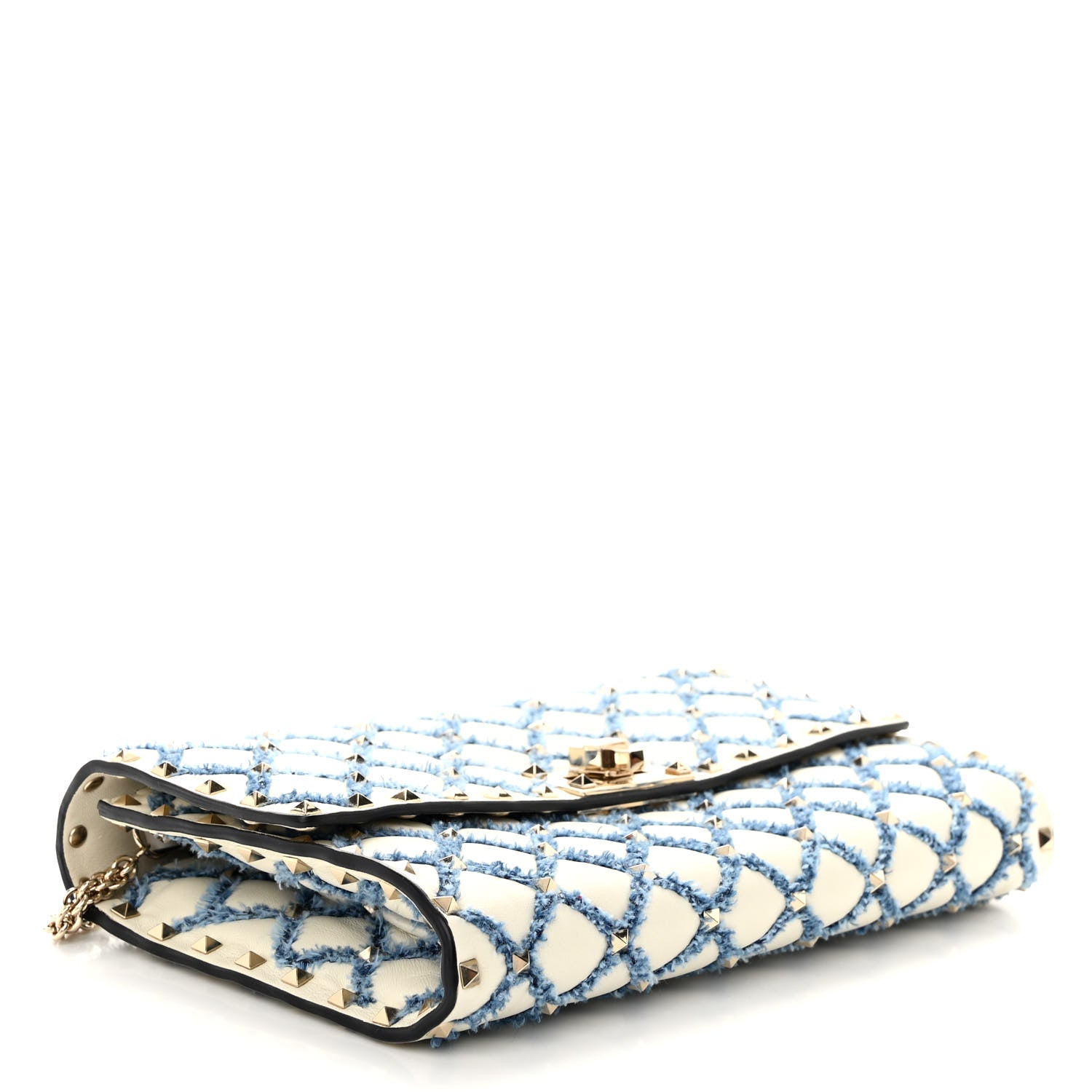 Valentino Garavani Nappa Denim Quilted Rockstud Spike Wallet on Chain Ivory Blue 4 of 9