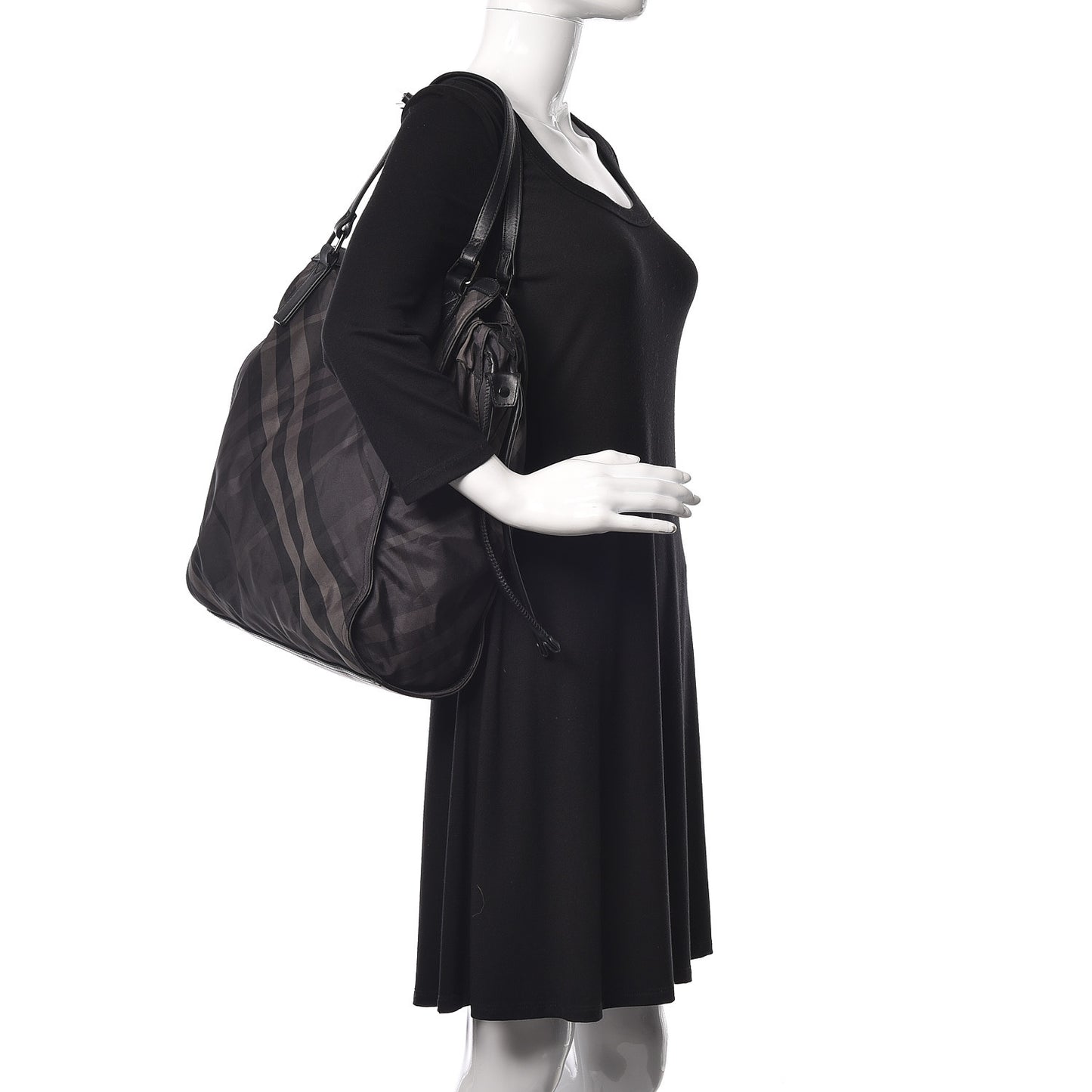 Nylon Check Small Buckleigh Packable Tote Charcoal