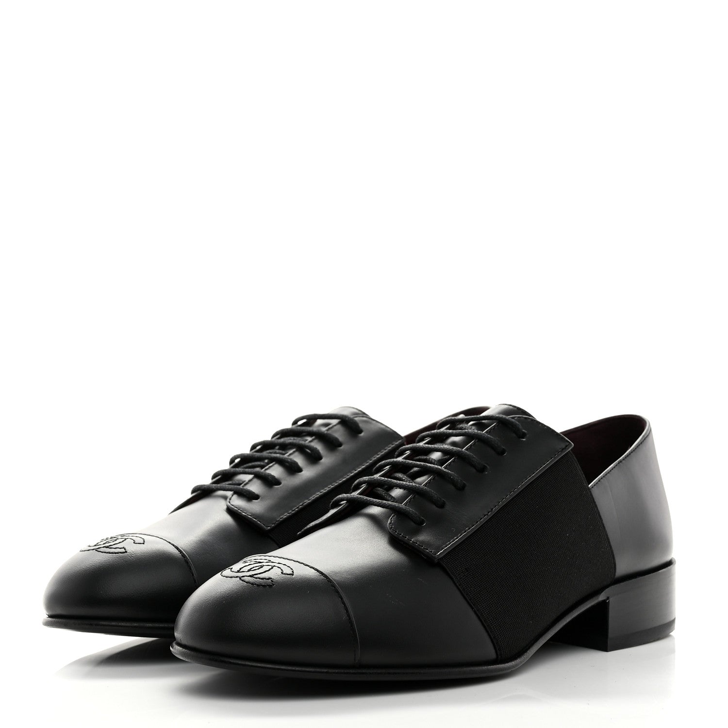 Chanel Calfskin Elastic Lace Up Cap Toe CC Loafers 36 Black 4 of 9