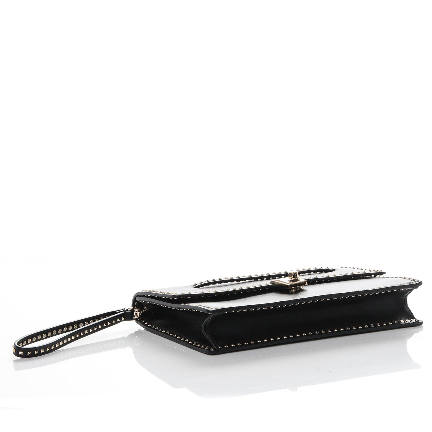 Calfskin Rockstud Turn Lock Flap Clutch Black