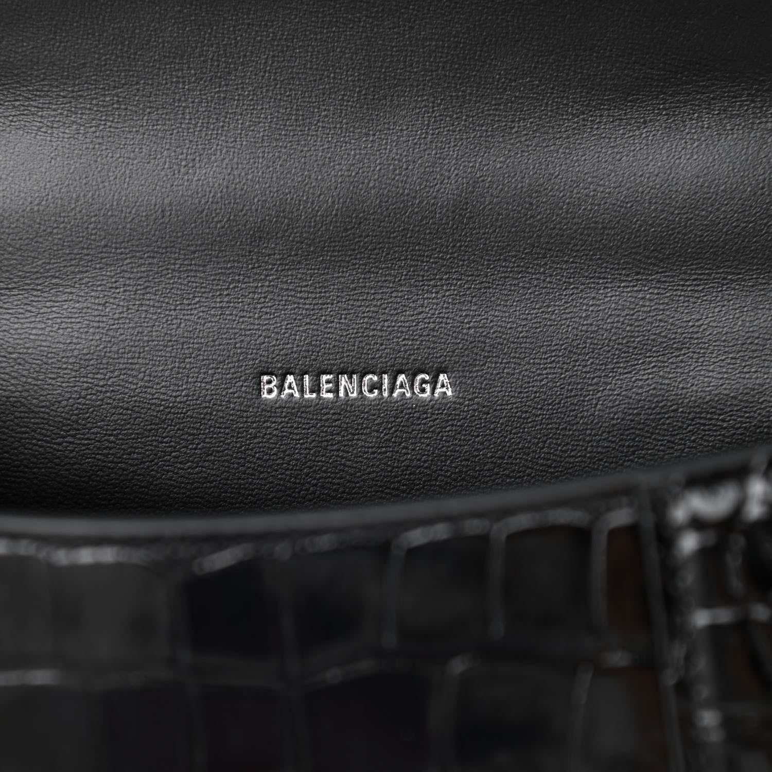 Balenciaga Shiny Calfskin Monochrome Crocodile Embossed Hourglass Top Handle Bag XS Black 6 of 11
