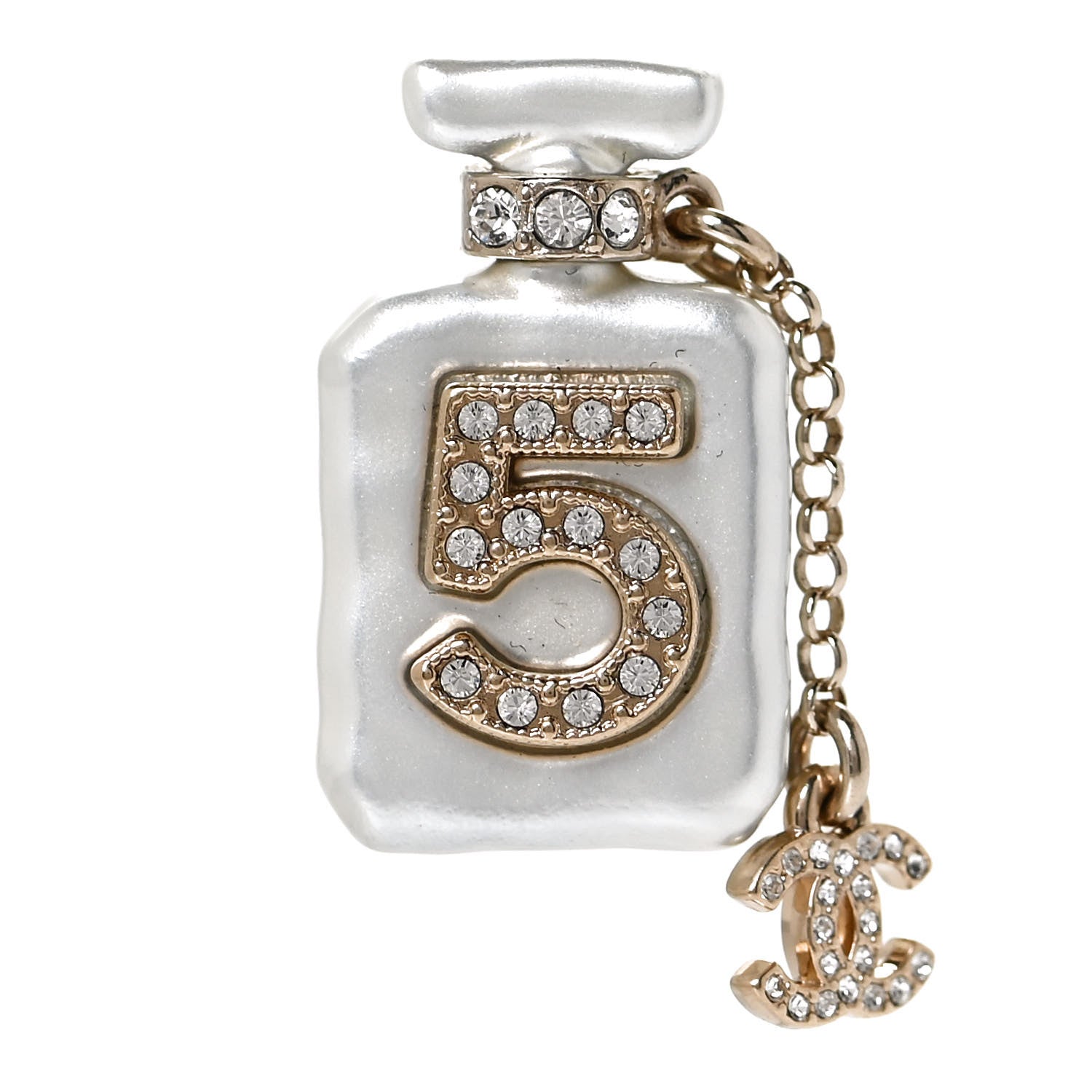 Chanel Pearl Resin Crystal CC No 5 Perfume Bottle Brooch Gold Pearly 1 of 5