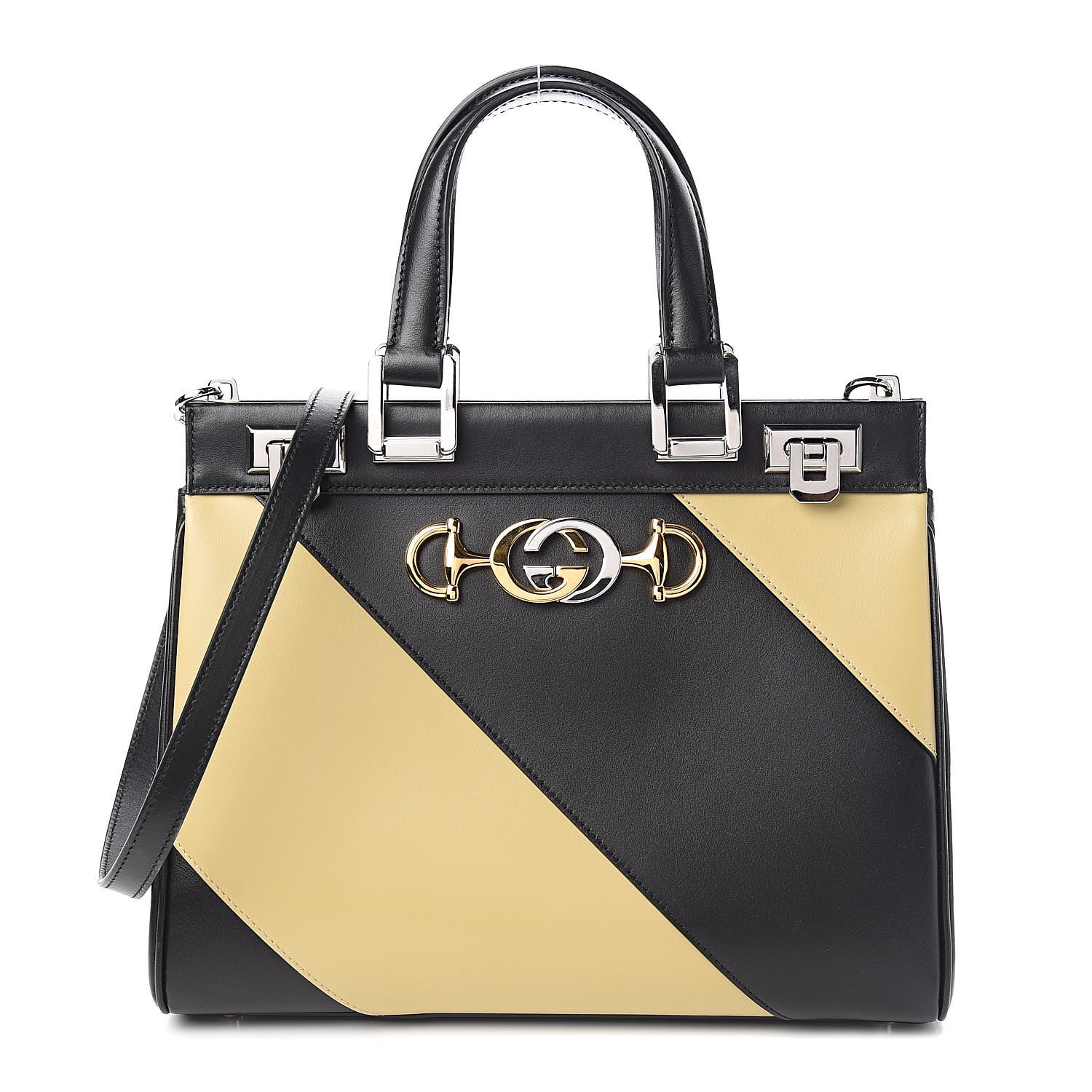 Gucci Smooth Calfskin Diagonal Striped Small Zumi Top Handle Bag Black Beige 1 of 10