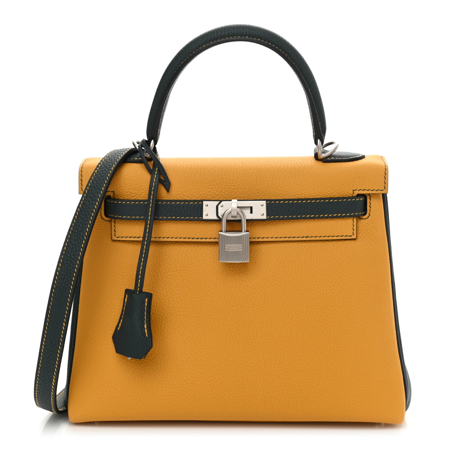Hermes Togo Horseshoe Kelly Retourne 25 Jaune Ambre Vert Cypress 1 of 10