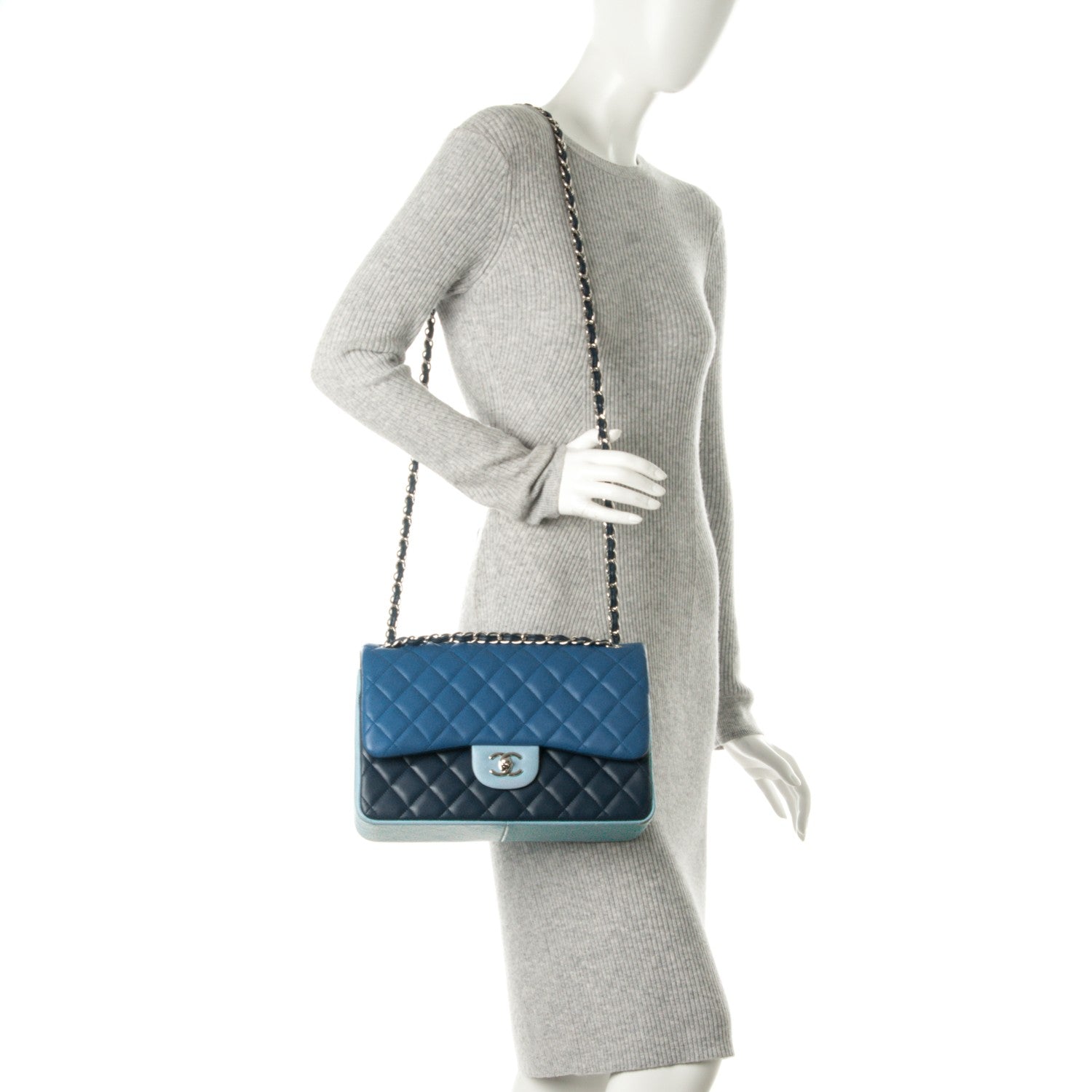 Chanel Lambskin Quilted Jumbo Tri-Color Double Flap Blue 3 of 11