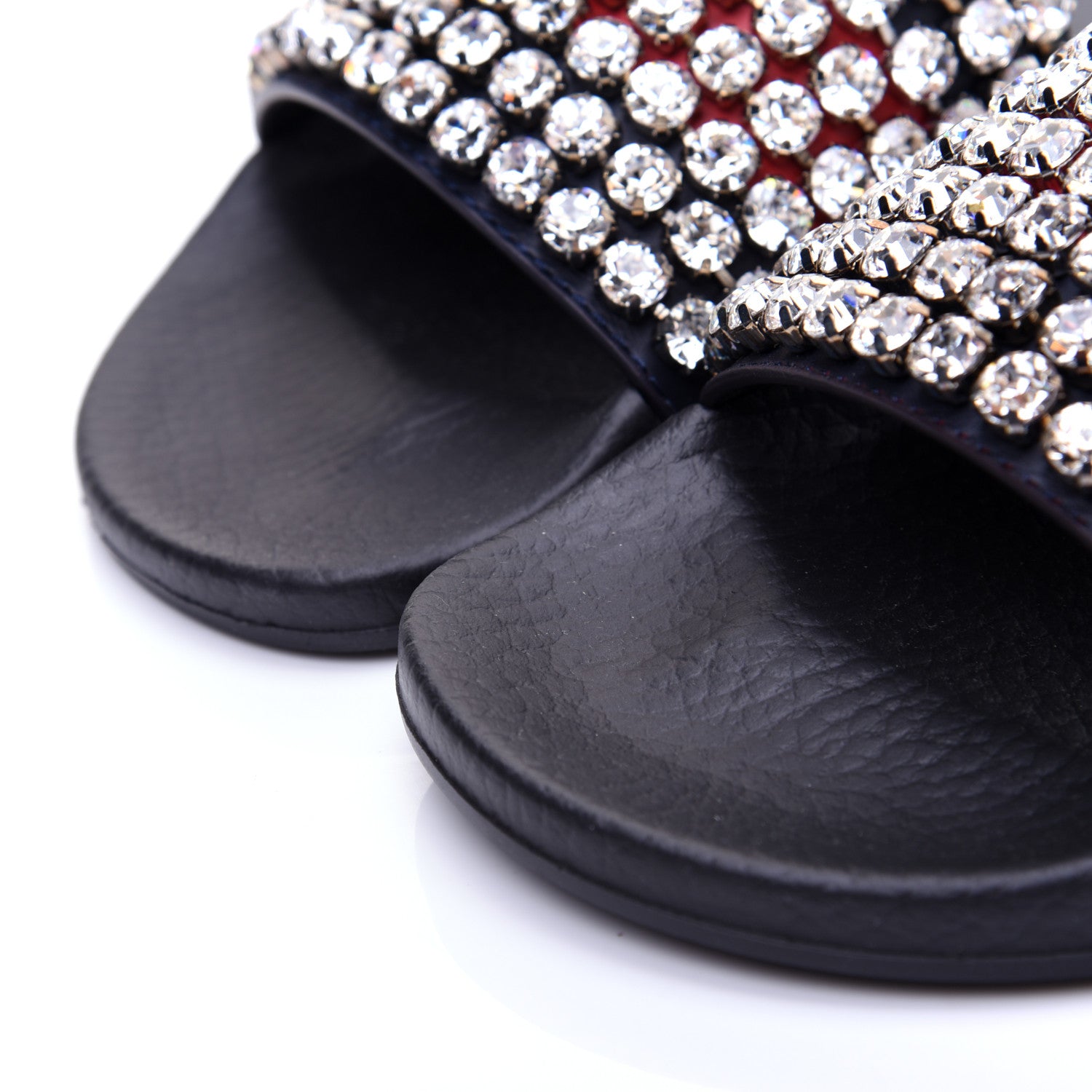 Gucci Calfskin Crystal Embellished Web Slide Sandals 38 Blue Red 6 of 12