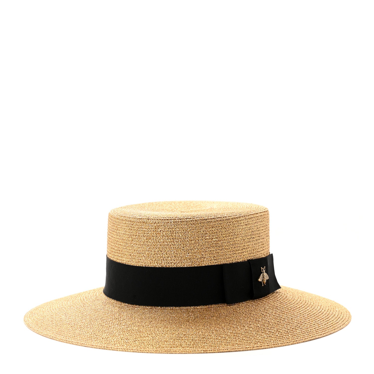 Gucci Glittered Straw Grosgrain Wide Brim Hat M Gold Black 1 of 9