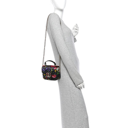Gucci Silk Matelasse Floral Mini GG Marmont Top Handle Bag Black 2 of 11