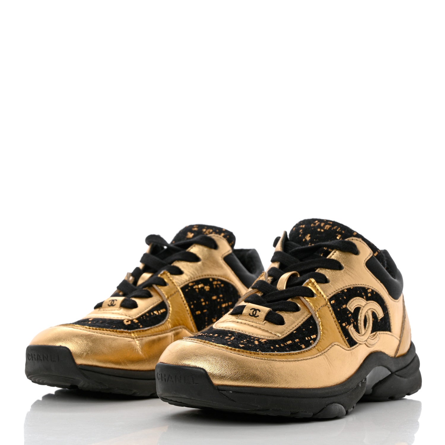 Chanel Satin Lambskin Fabric Tweed CC Sneakers 37 Gold Black 3 of 12
