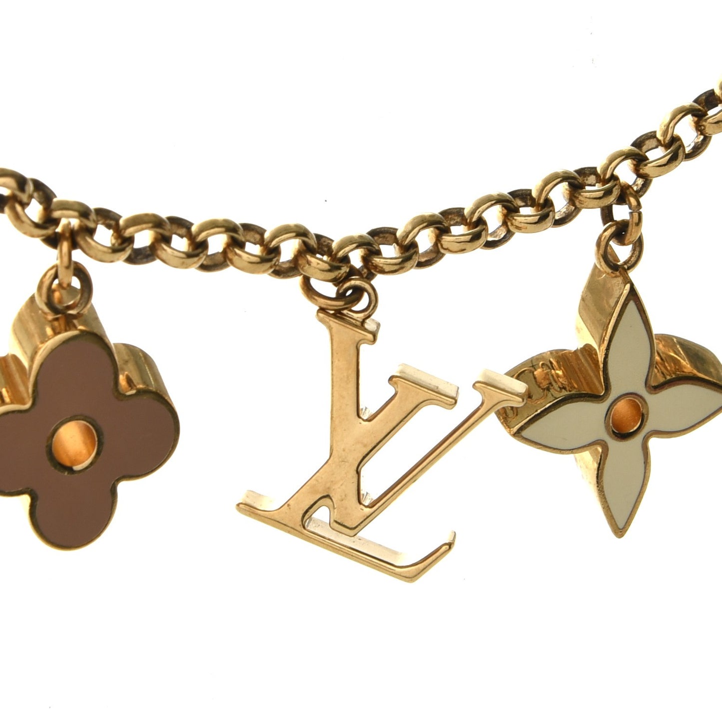 Brass Enamel Fleur De Monogram Bag Charm Chain Gold