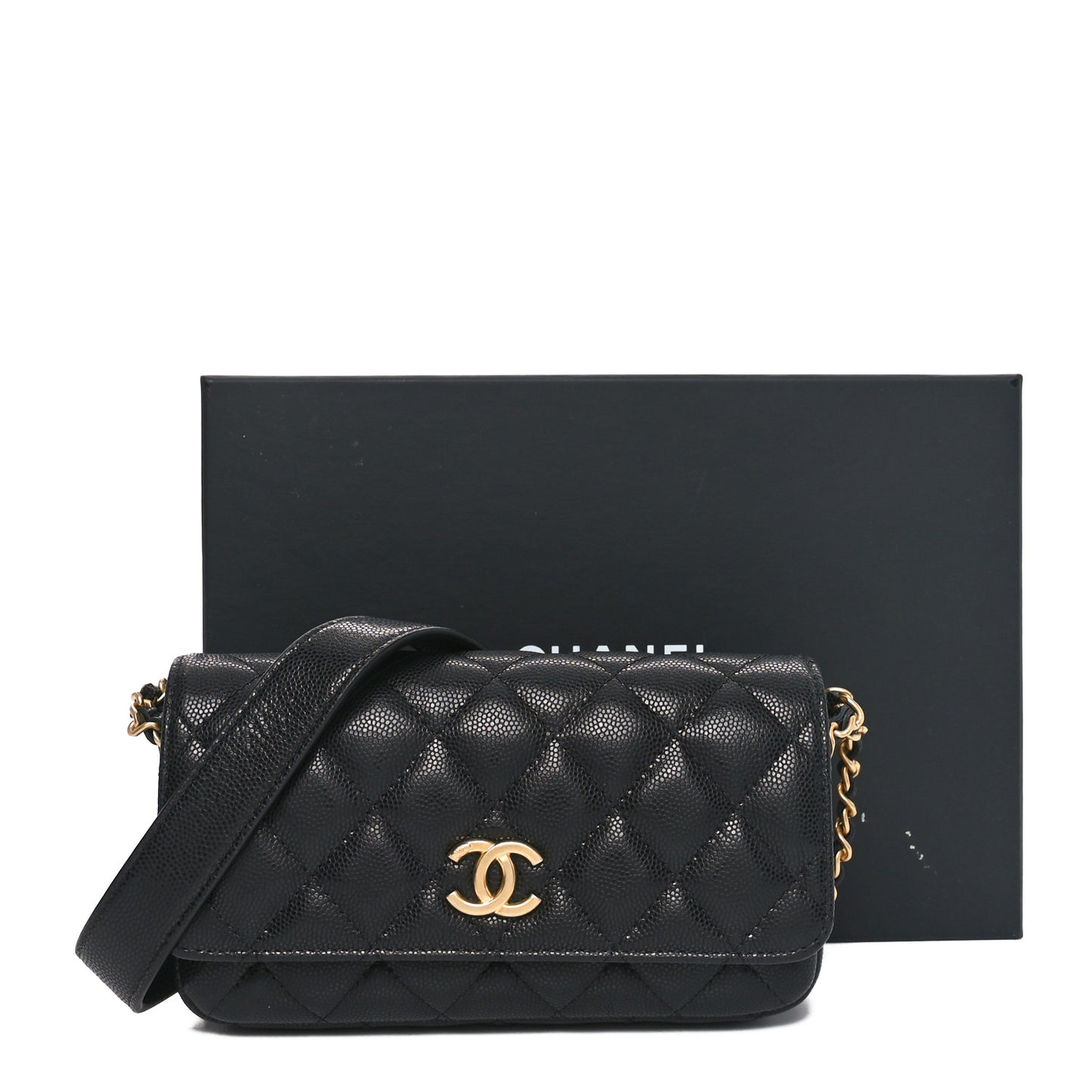 Caviar Quilted Yours Buttons Phone Holder With Chain Black