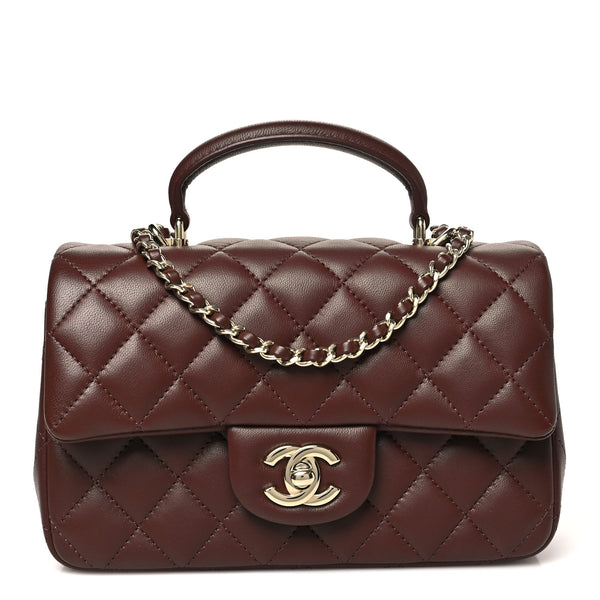 CHANEL ブラウンレザー小物入れ Chanel Lambskin Quilted Mini Top Handle Rectangular Flap Dark