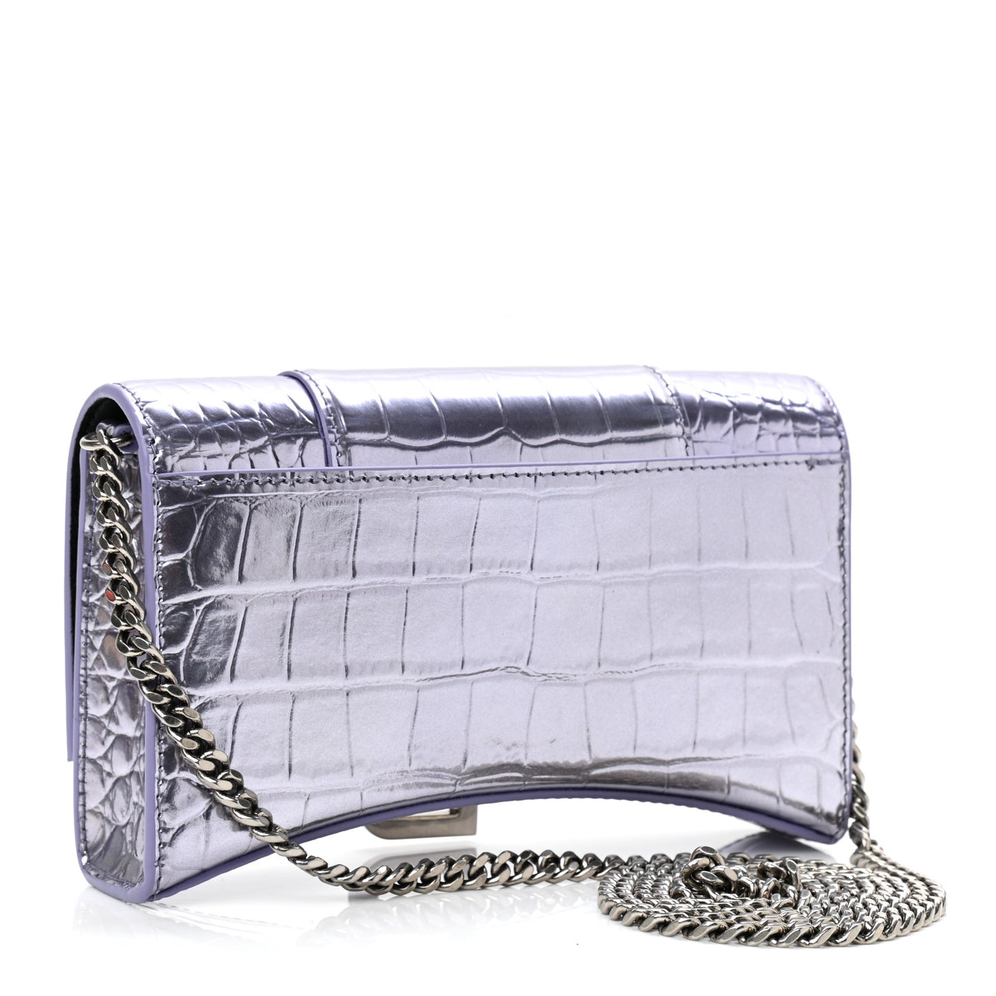 Shiny Metallic Calfskin Crocodile Embossed Hourglass Chain Bag Lilac