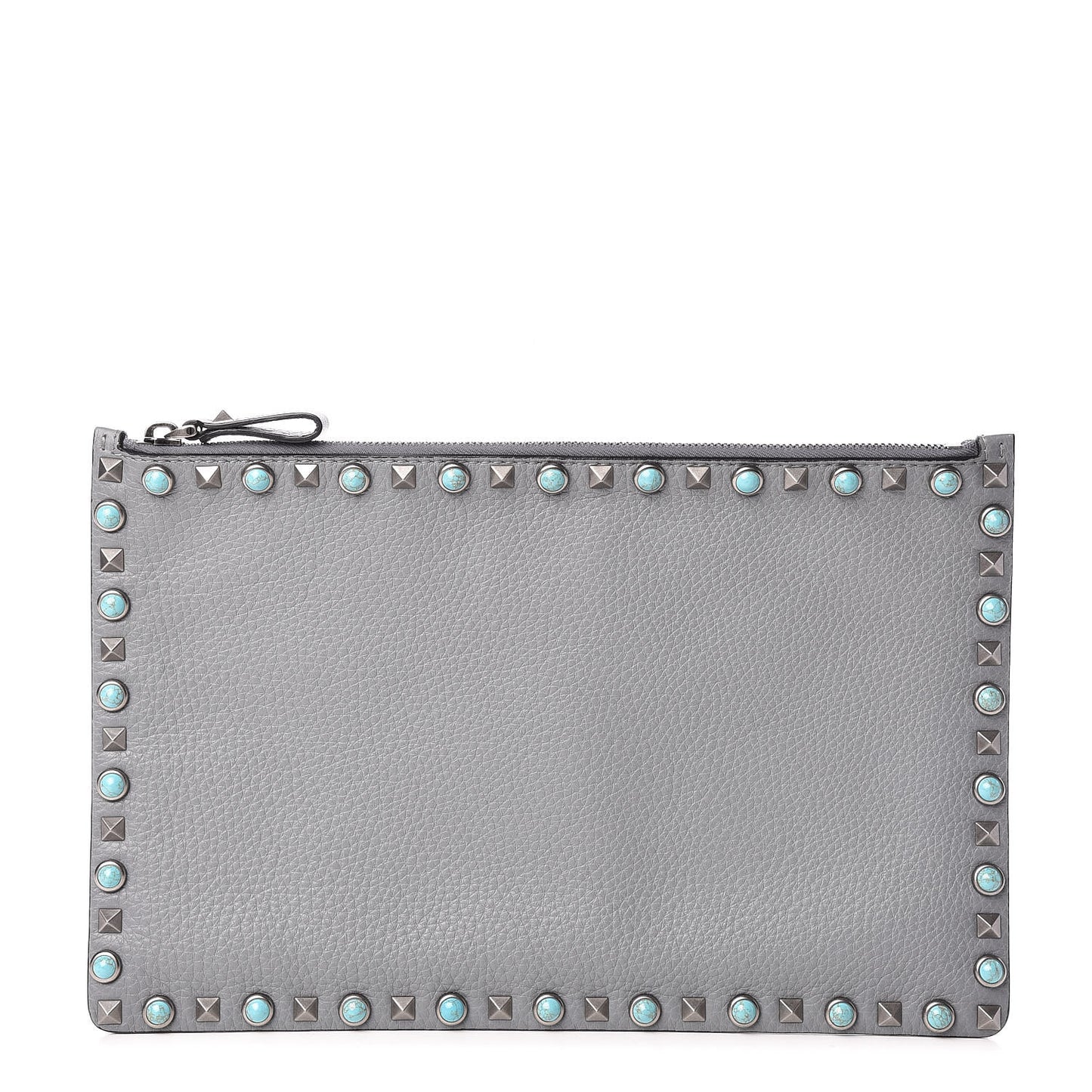 Grained Calfskin Turquoise Large Rockstud Rolling Zip Pouch Light Stone