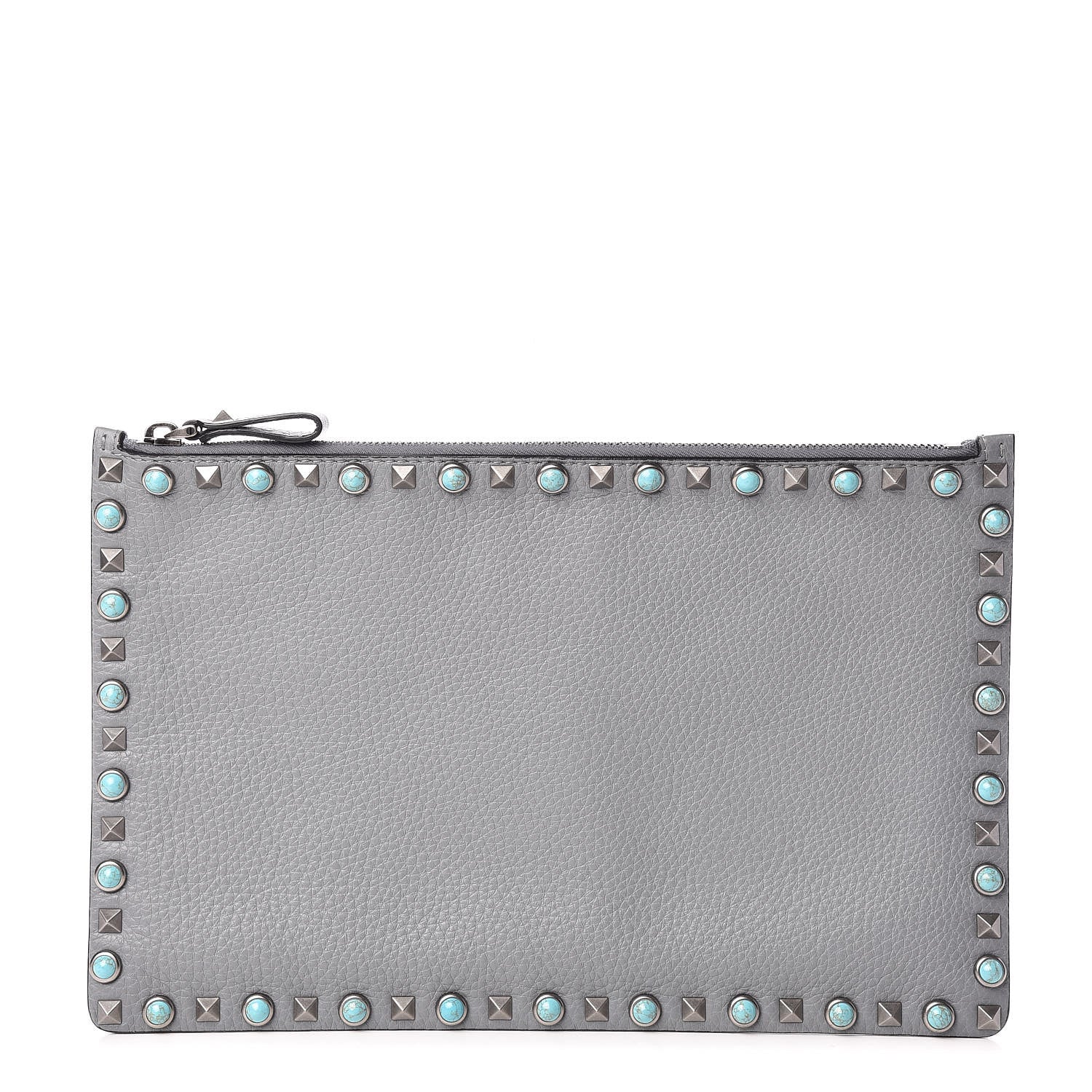 Valentino Garavani Grained Calfskin Turquoise Large Rockstud Rolling Zip Pouch Light Stone 1 of 9