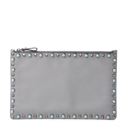 Valentino Garavani Grained Calfskin Turquoise Large Rockstud Rolling Zip Pouch Light Stone 1 of 9