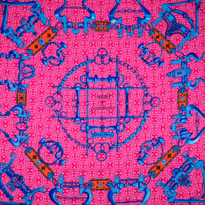Hermes Cashmere Silk Mors Et Gourmettes Remix Shawl 140 Vermillon Rose Bleu Azur 1 of 6