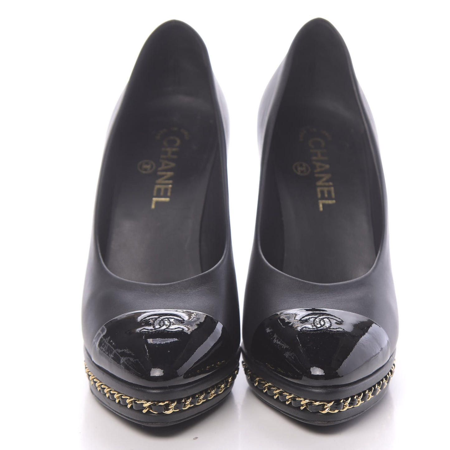 Lambskin Patent CC Cap Toe Platform Chain Pumps 40 Black