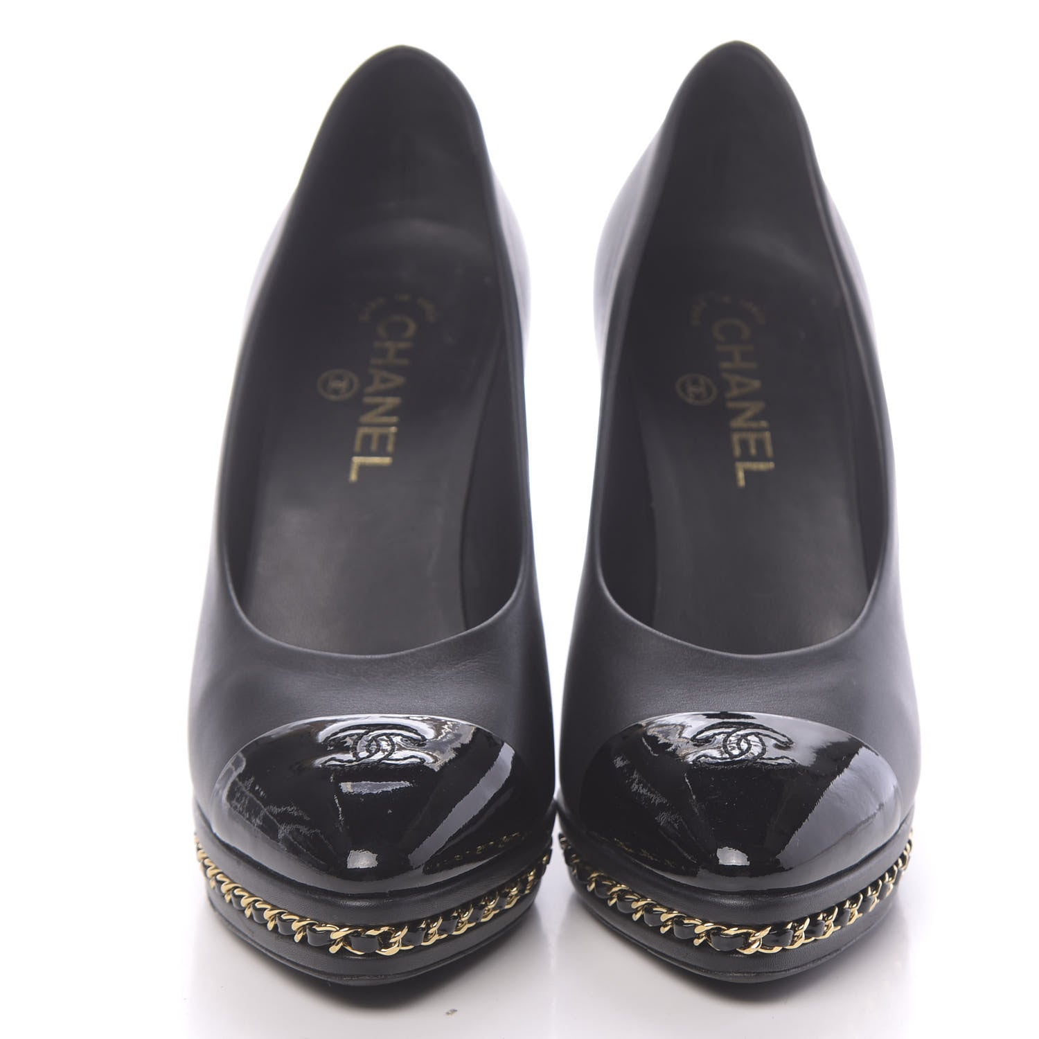 Chanel Lambskin Patent CC Cap Toe Platform Chain Pumps 40 Black 2 of 9